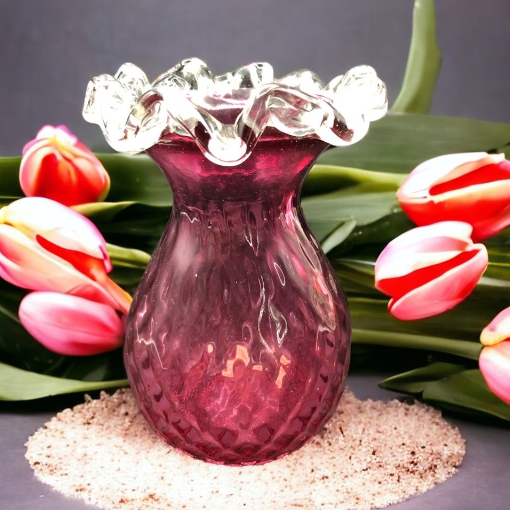 Vintage Rossi Cranberry Glass Vase w/ Crystal Edge